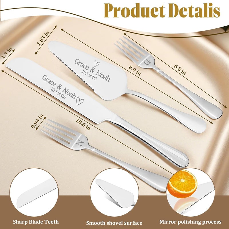 HJX Personalized 4 Piece Cake Cutting Set for Wedding - Custom Cake Knife and Server Set with Forks, Cake Cutter Set Ideal for Wedding Anniversary Bridal Gifts (Silver) - Image 5